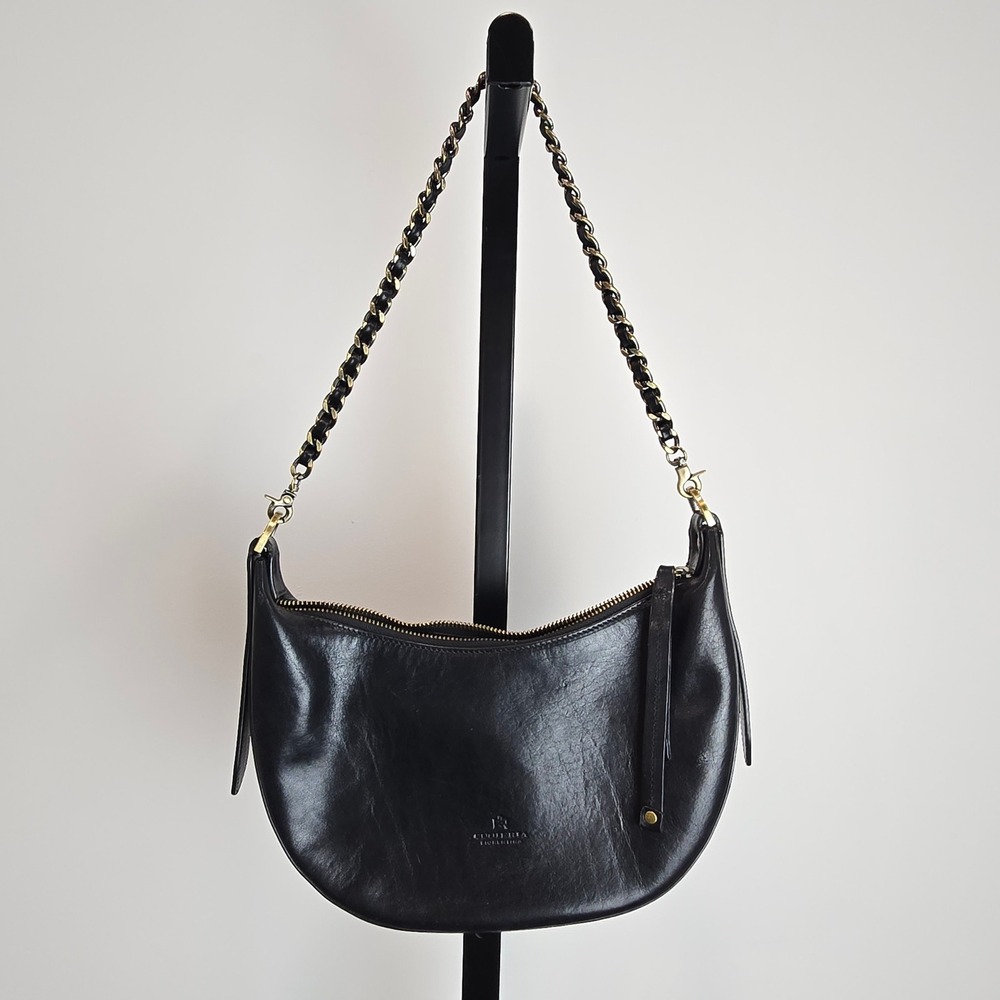 Cuoieria Fiorentina Black Leather Crescent Hobo Bag Chain Strap Clean Minimal